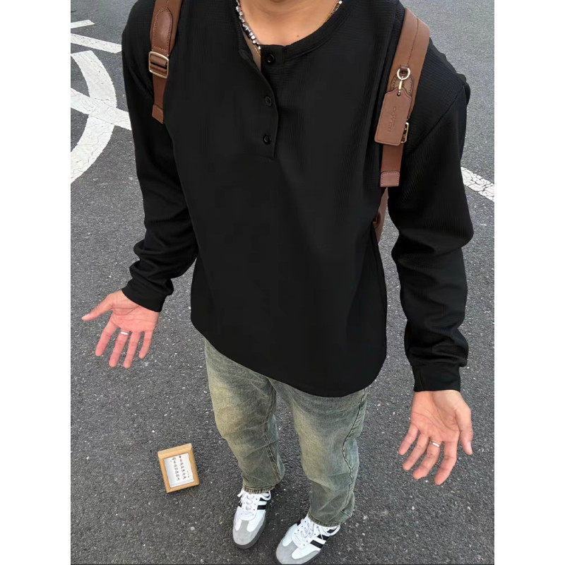 黑色美式亨利领卫衣男款夏季华夫格长袖t恤高级感痞帅内搭打底衫