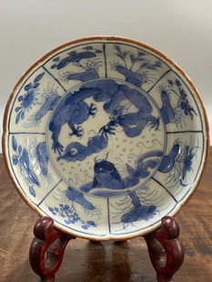 日本回流茶道具 手绘青花鱼化龙纹青花小茶盘 工夫茶小壶承杯托