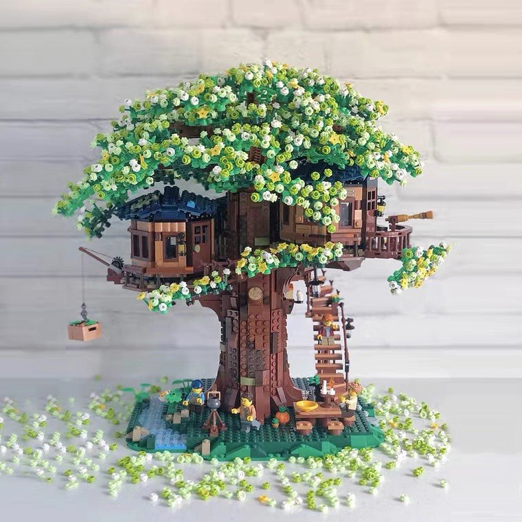 兼容乐高21318树屋改装moc五瓣花植物小颗粒散件绿樱花24866茎叶