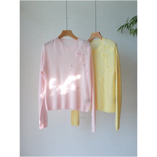 圆领丝羊绒薄长袖针织衫女宽松显瘦百搭毛衣打底衫上衣