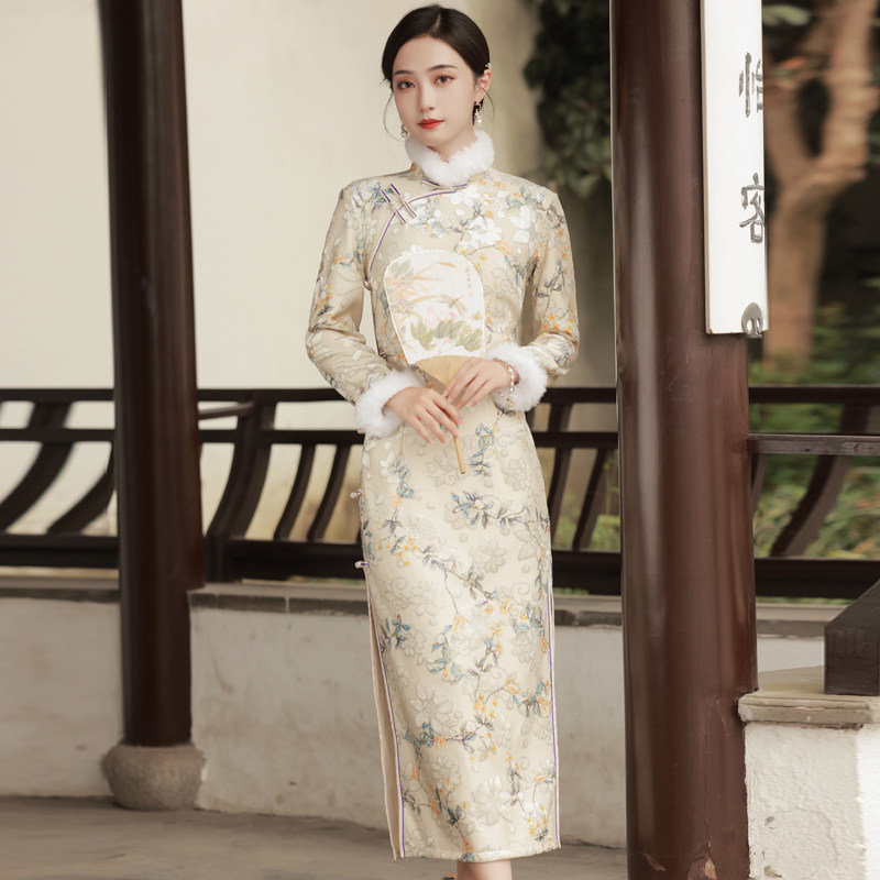 老上海长款旗袍2021年冬季新中国风复古加绒加厚长袖显瘦气质优雅