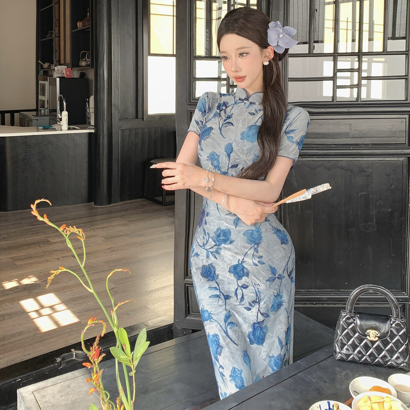 蓝色旗袍女新中式改良连衣裙2026新款大码收腰显瘦有弹性日常可穿