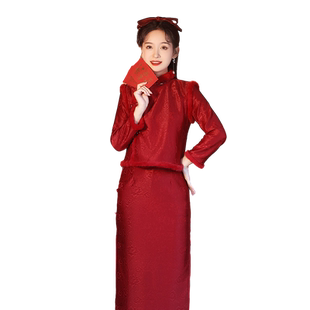 红色旗袍女2025年冬季新中式拜年服小袄敬酒服回娘家马甲加绒保暖