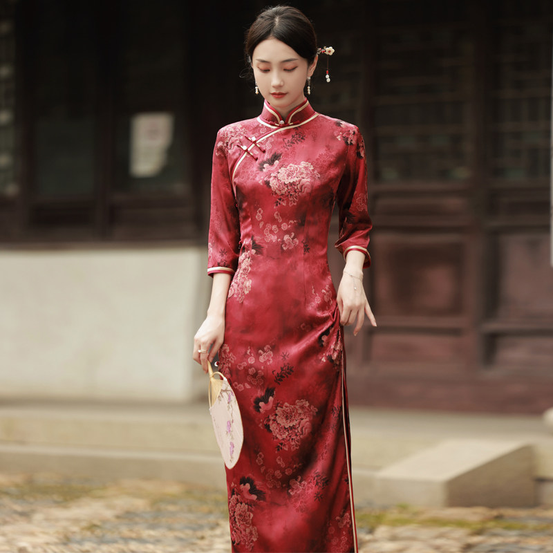老上海长旗袍2021年秋季新款中国风复古气质名媛长袖改良版连衣裙
