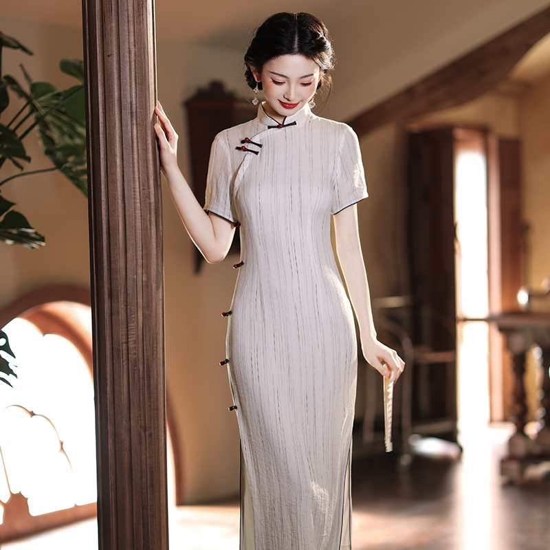 新中式复古民国风小个子条纹旗袍