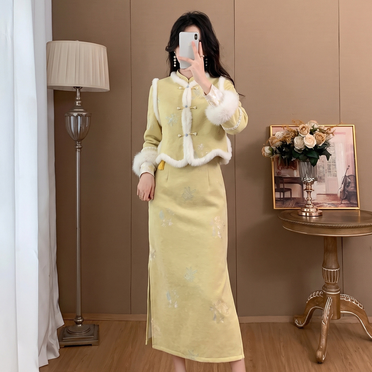 新中式改良长袖加绒加厚冬季旗袍马甲套装国风礼服特别漂亮年轻款