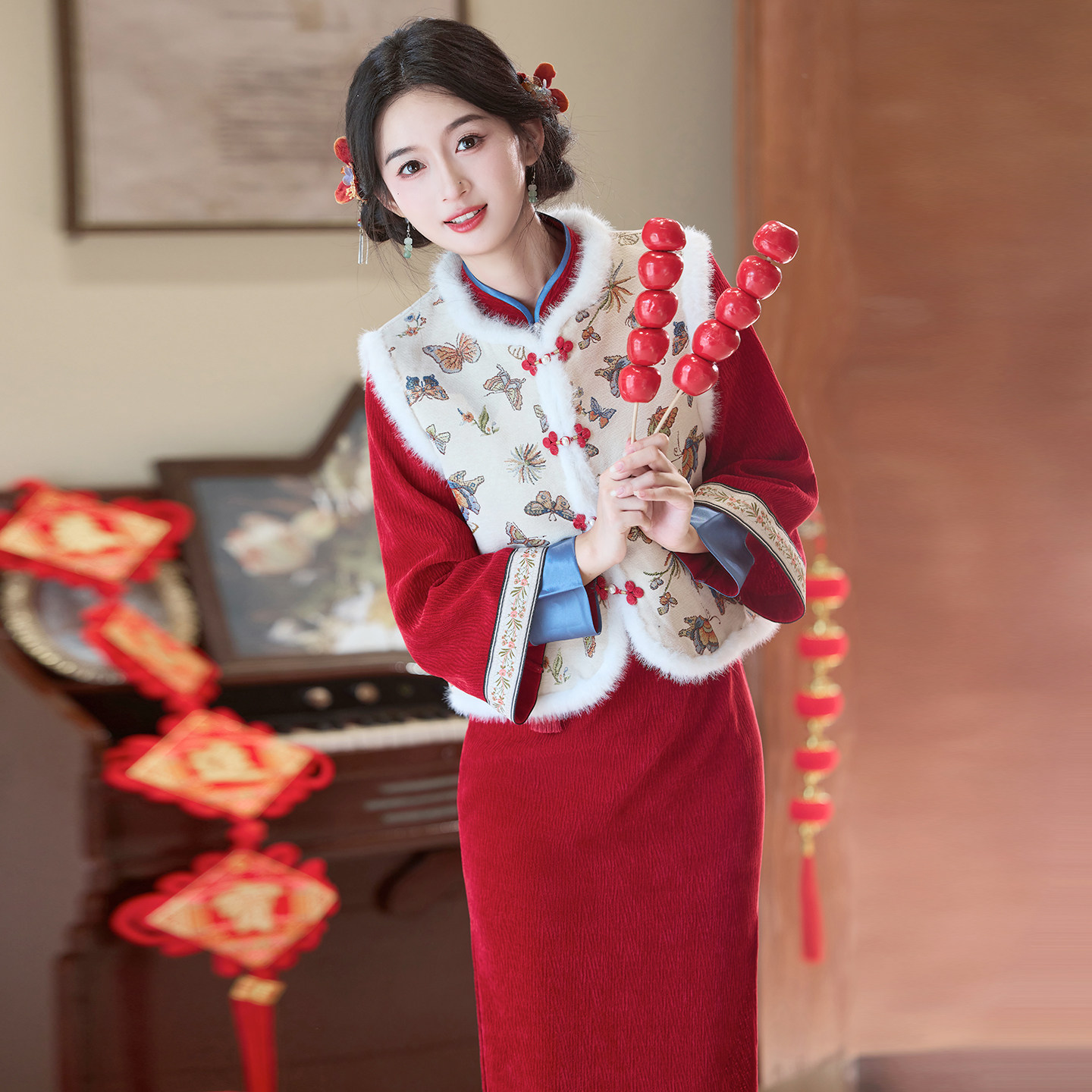 红色旗袍2026龙年拜年服女大人过年唐装新年战袍马甲套装喜庆女装