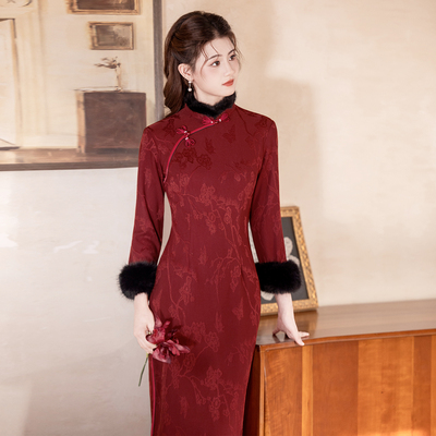 红色长袖加绒加厚新娘敬酒服旗袍