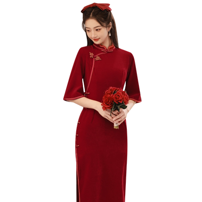 酒红色新娘敬酒服喜婆婆宴会装