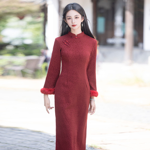 红色长袖加绒冬款订婚旗袍裙新中式小个子新娘结婚敬酒服新年战袍