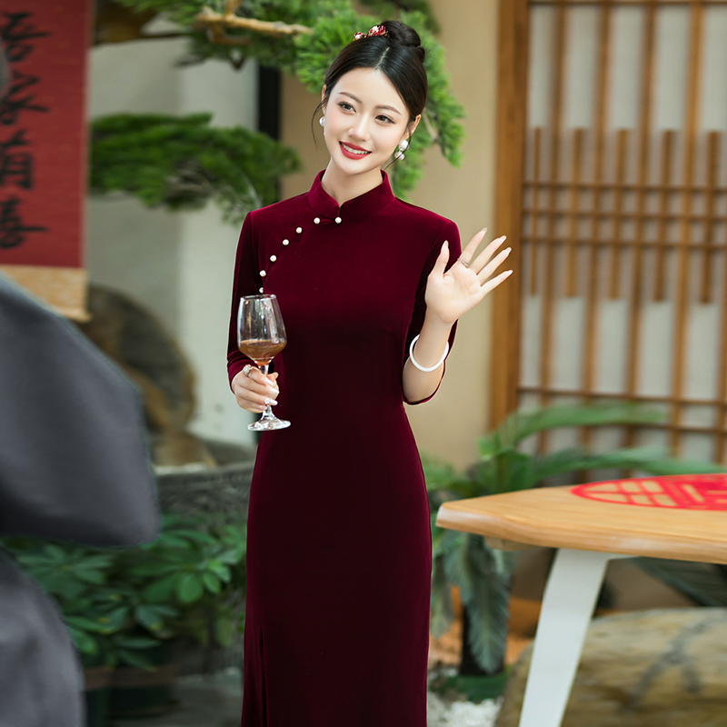 酒红色喜婆婆婚宴装结婚礼服高级