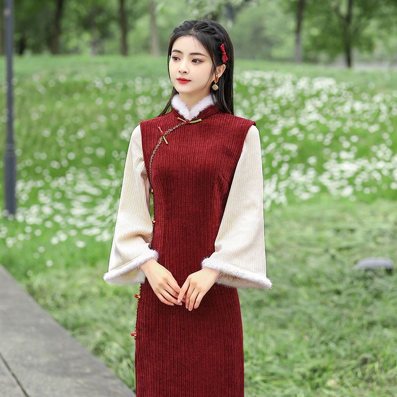 红色拜年服女大人旗袍冬季加绒加厚中国风唐装女装小袄裙2026新年