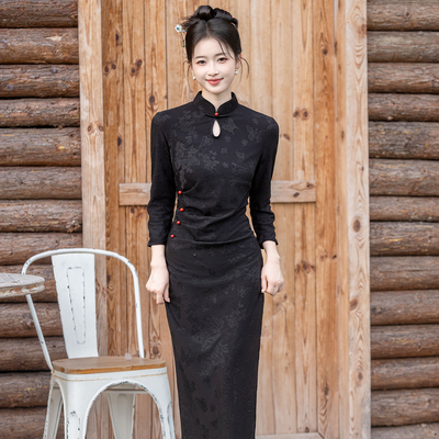 黑色复古国风中式长袖绝美旗袍