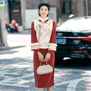 红色旗袍女2025年冬季 拜年服小袄敬酒服回娘家马甲加绒保暖 新中式