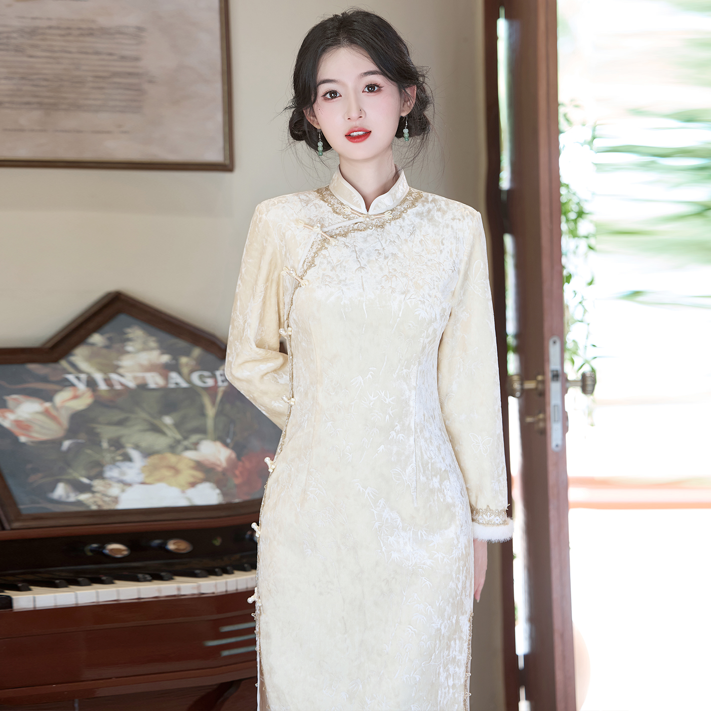 加厚保暖年轻款淑女范长袖旗袍