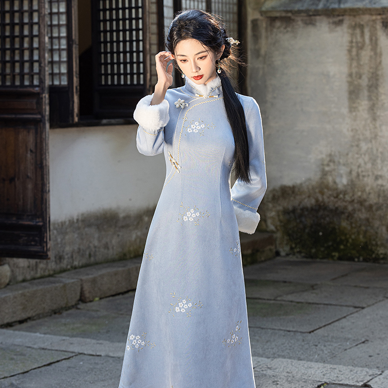 淑女绝美毛绒领保暖长袖加绒旗袍