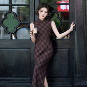 新中式 法式 长款 旗袍连衣裙女夏气质修身 裙子日常可穿 复古格纹无袖