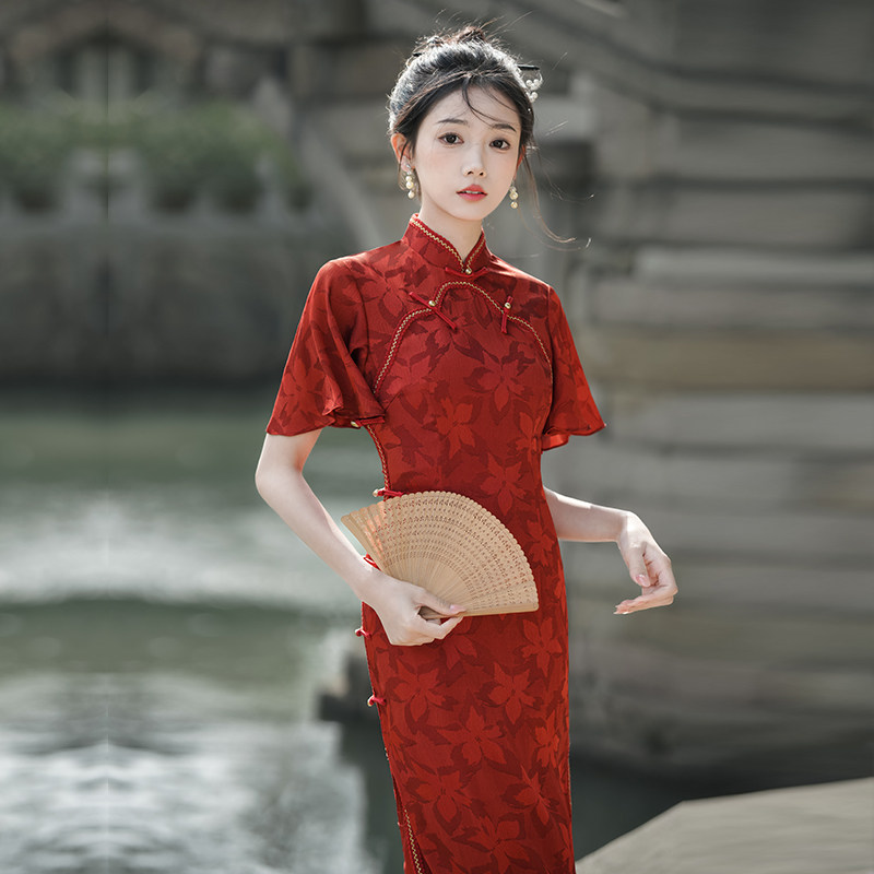 红色复古风倒大袖高考送考旗袍2026新款女复古风气质高端日常可穿