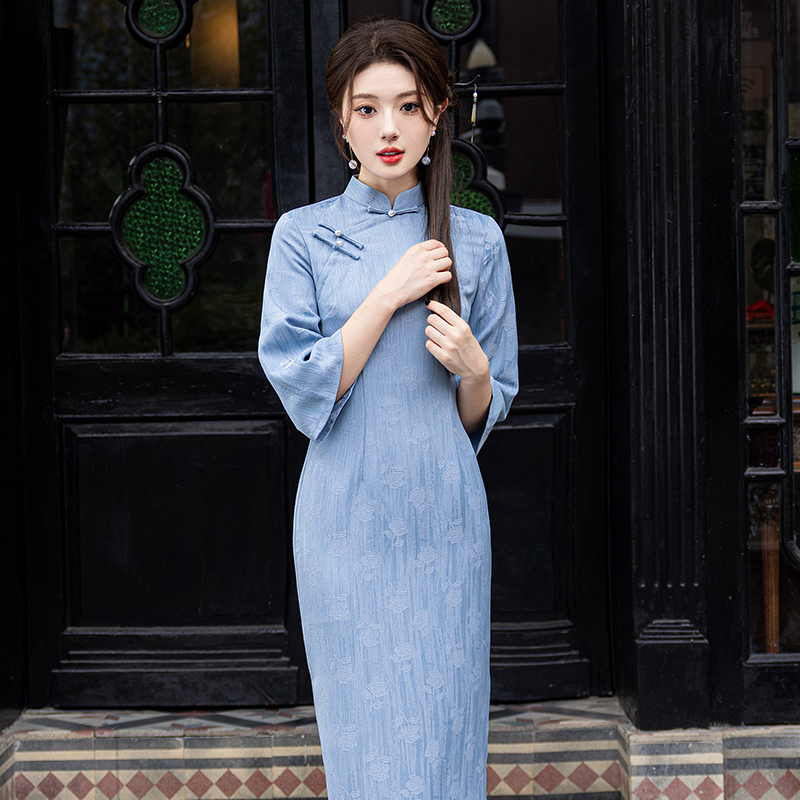 新中式倒大袖素雅淑女范显瘦旗袍