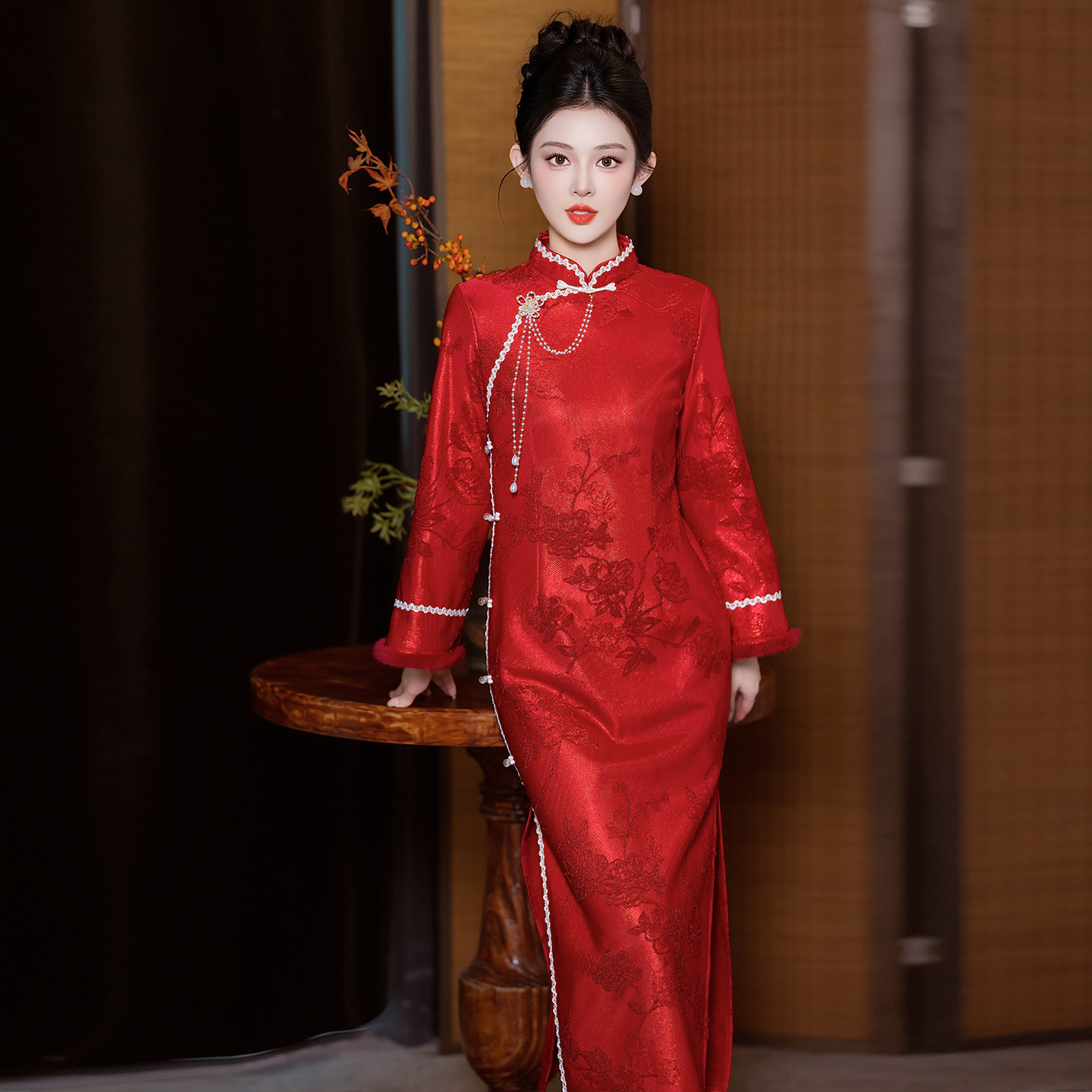 红色旗袍敬酒服新娘长袖加绒冬款