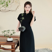 显瘦气质高级感日常可穿连衣裙 修身 黑色刺绣改良长款 旗袍2026新款