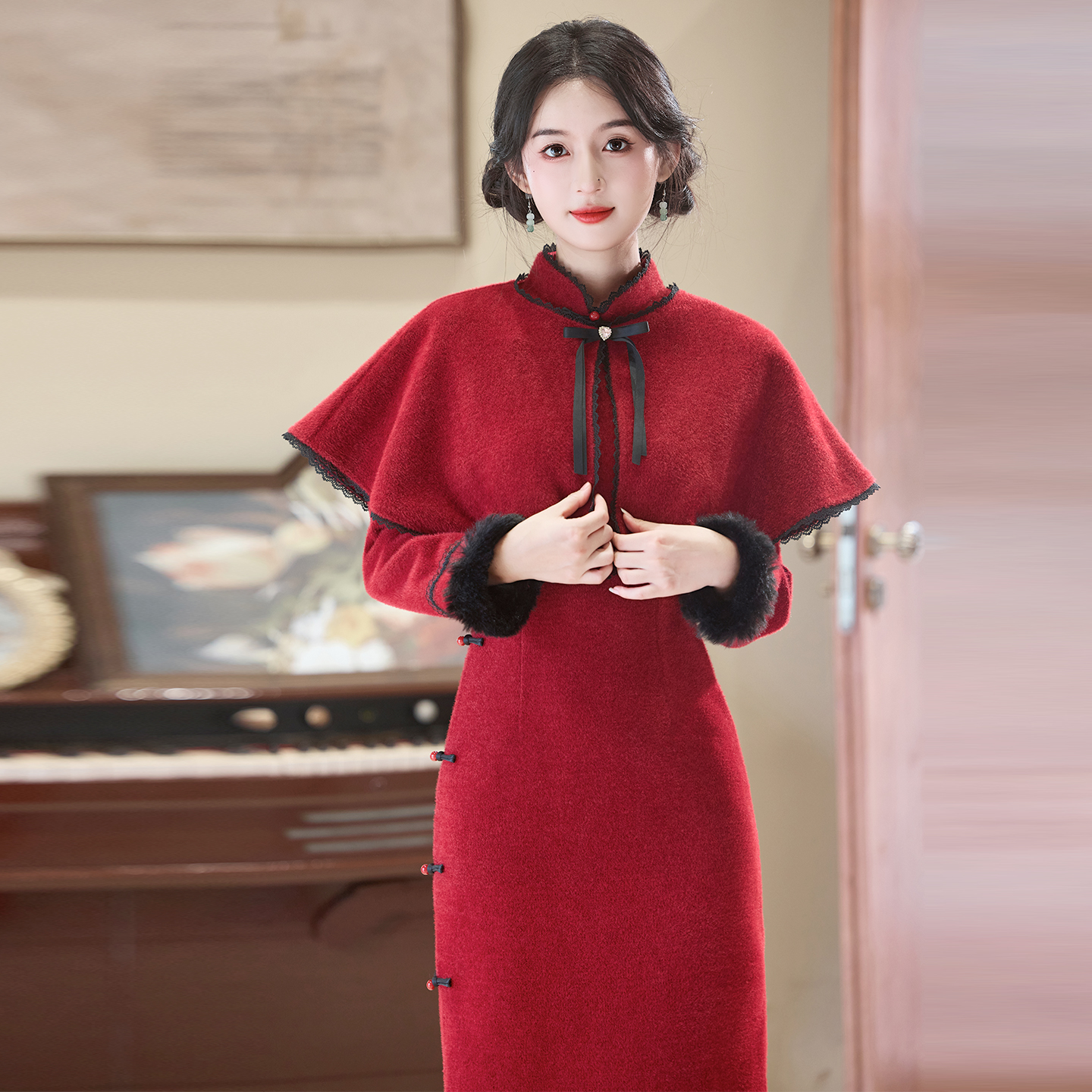 红色中式旗袍新娘敬酒服新年战袍