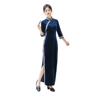 老上海长款丝绒旗袍2025新款气质高端日常可穿演出走秀连衣裙优雅