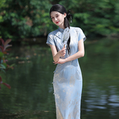 蓝色提花复古民国风新中式 日常可穿连衣裙 新款 短袖 旗袍2025年夏季