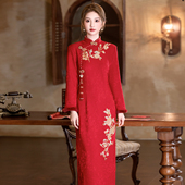 红色新娘旗袍敬酒服长袖 加绒保暖新中式 结婚礼服连衣裙新年战袍女