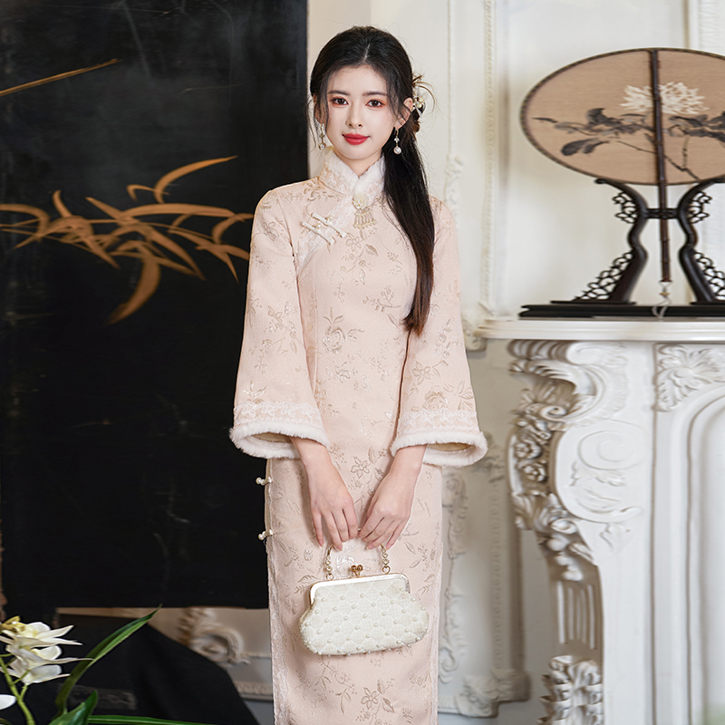 新中式倒大袖冬款长袖加绒旗袍