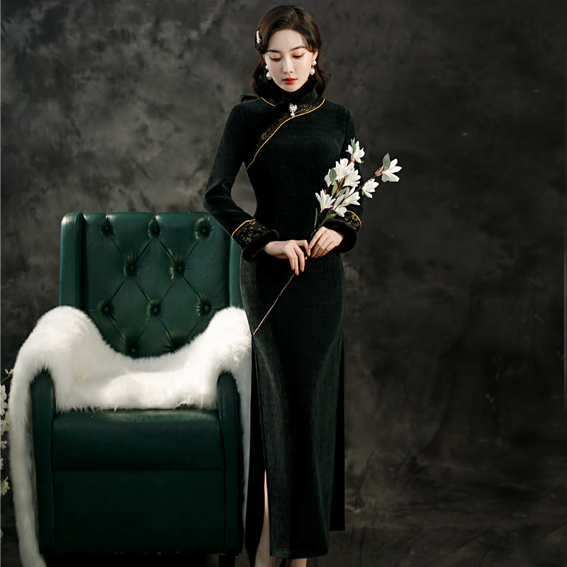 老上海长款旗袍2021年秋冬季新款中国风加绒加厚长袖显瘦气质优雅
