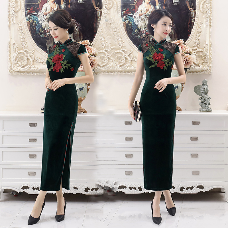 长款2018夏季新款丝绒旗袍裙女妈妈装大码日