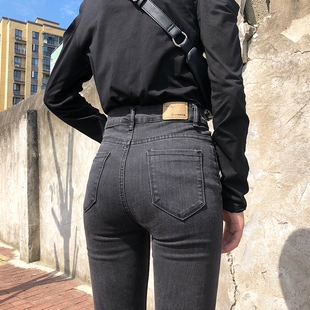 裤子女烟灰色高腰牛仔学生春秋显瘦黑色百搭修身紧身九分小脚铅笔
