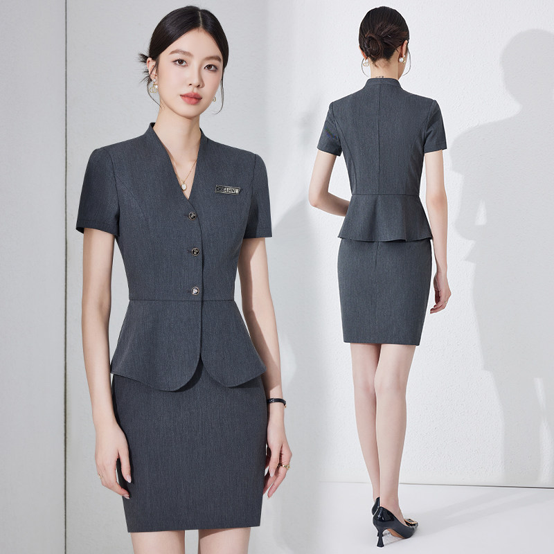 灰色西装套装女夏薄款职业气质珠宝店酒店餐饮服务员美容院工作服