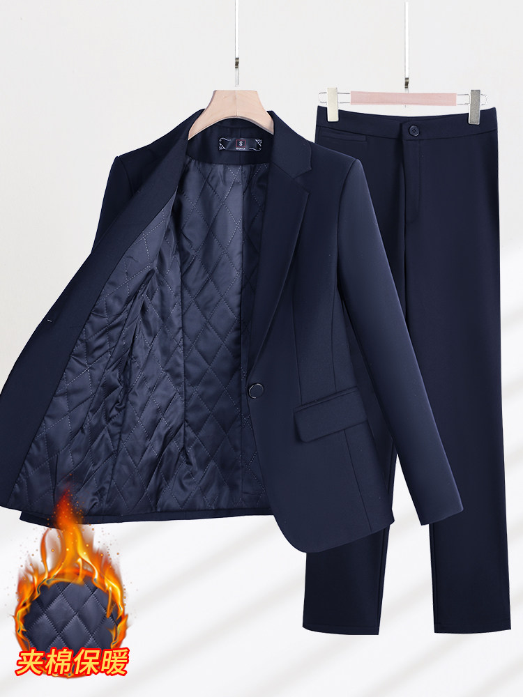 蓝色夹棉西装外套女2025新款冬季加厚职业正装工作服加绒西服套装
