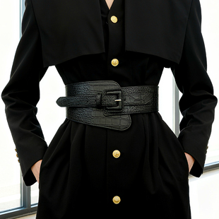 黑色宽腰带女款配饰松紧束腰封女士装饰大衣高级感复古鳄鱼纹皮带