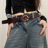 复古酒红色玫瑰花皮带小众设计感2025年新款 y2k辣妹夸张腰带女款