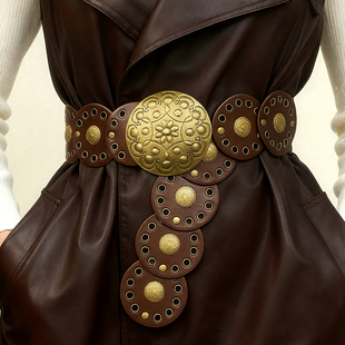 复古风重工金属扣松紧腰带女美式圆盘铆钉宽腰封配饰装饰大衣皮带