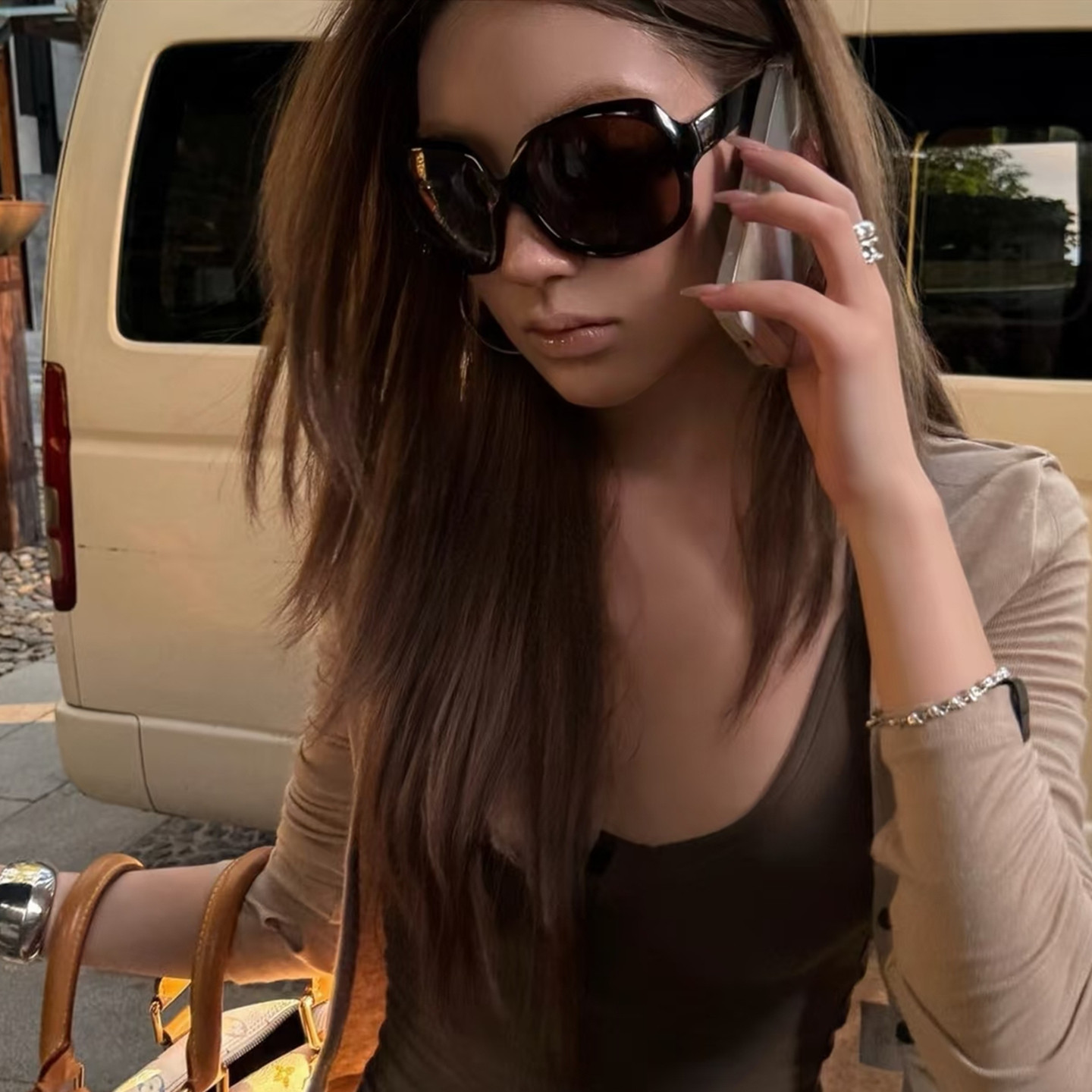 美拉德度假风墨镜女防紫外线大框太阳镜复古古早御姐茶色偏光眼镜