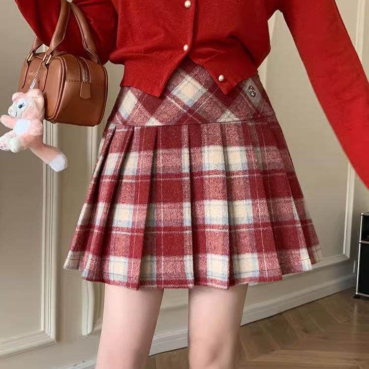 红色格纹毛呢百褶裙女秋冬2025新款小个子高腰显瘦百搭a字半身裙