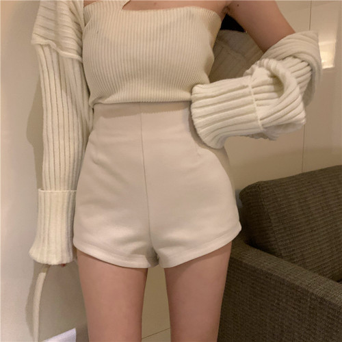 毛呢高腰显瘦秋冬短裤靴裤