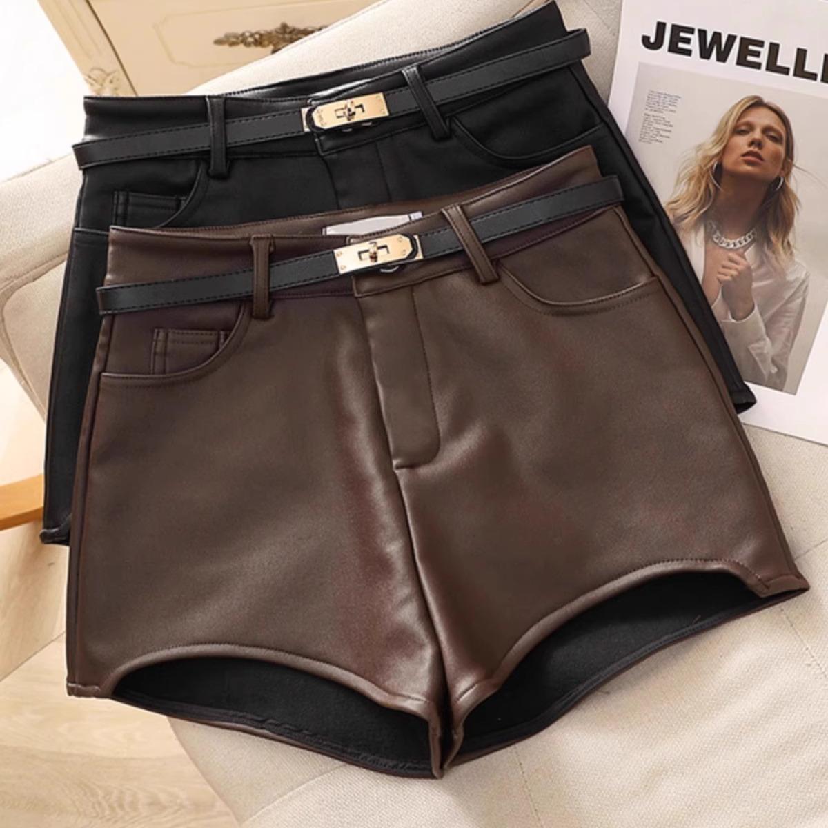 美式复古pu皮短裤女秋冬2025新款高腰显瘦辣妹修身休闲阔腿热裤子