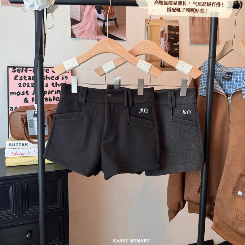 黑色高腰毛呢休闲短裤女秋冬新款