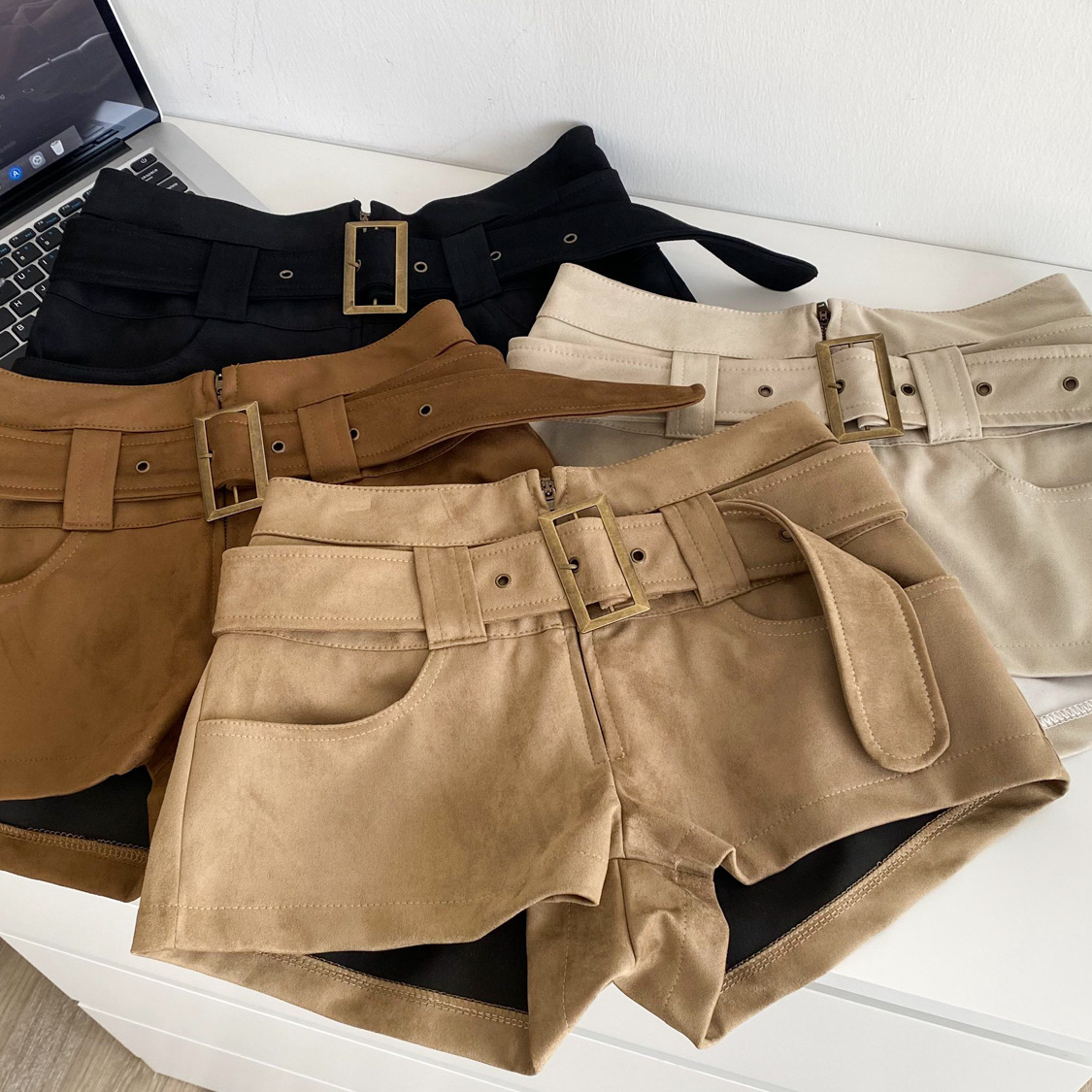 美式辣妹麂皮绒高腰短裤女秋冬