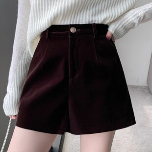 外穿百搭小个子宽松阔腿a字休闲裤 黑色金丝绒短裤 女秋冬2025新款