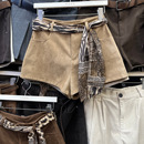 子 配丝带百搭辣妹显瘦包臀热裤 麂皮绒高腰阔腿休闲短裤 女秋冬新款