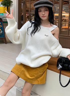 Sanjati crane设计感小众露肩宽松针织毛衣秋冬宽松高级慵懒上衣