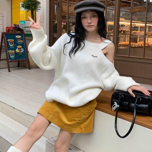 sanjati露肩毛衣棉圆领慵懒