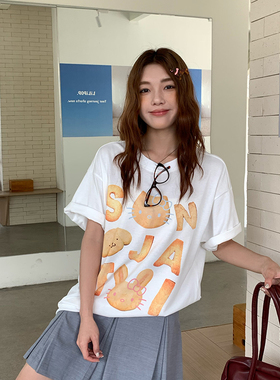 Sanjati饼干猫咪印花短袖圆领上衣宽松ins韩系新款亲肤纯棉T恤潮