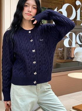 Sanjati crane蝴蝶纽扣麻花针织毛衣开衫上衣秋冬高级甜美ins感